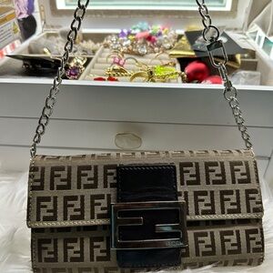Fendi Brown and Black Clutch with Chain Strap